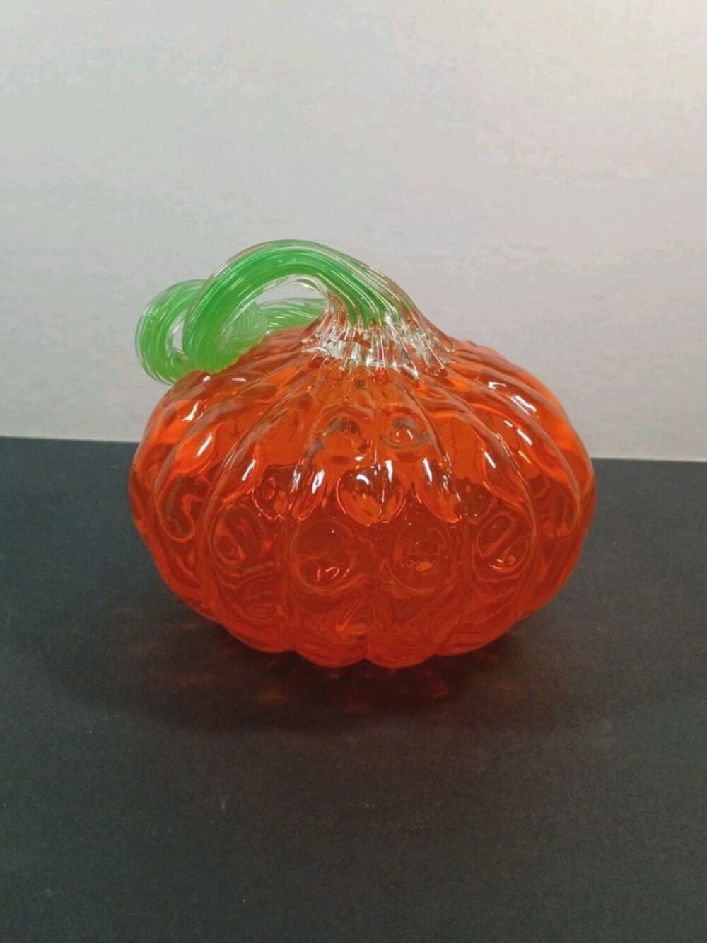 Hand Blown Art Glass Orange Pumpkin Sculpture Swirly Stem Fall Halloween
